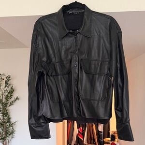 Zara Women’s Black Faux Leather Shirt Jacket